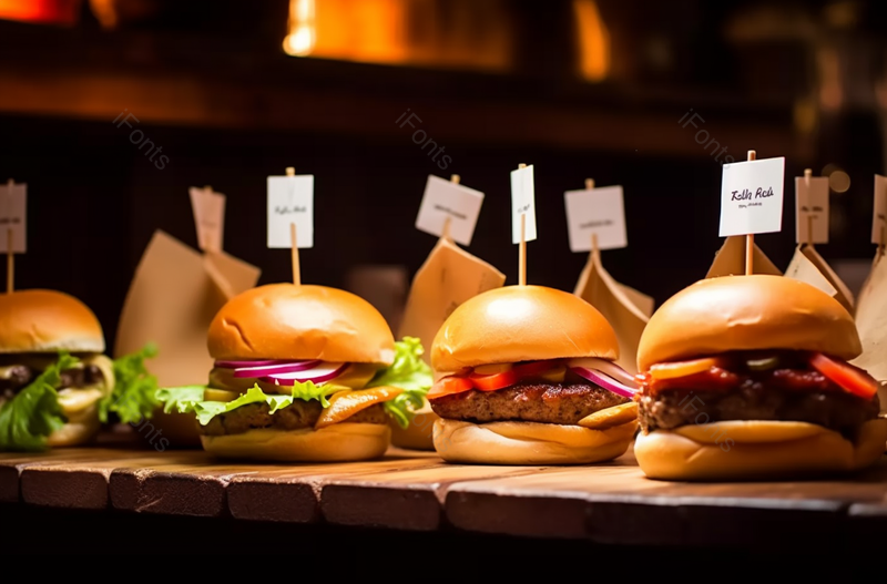 新鲜的火焰烤汉堡在食品市场排成一排展示,高清,摄影图,摄影图片,图片大全,摄影图免费下载